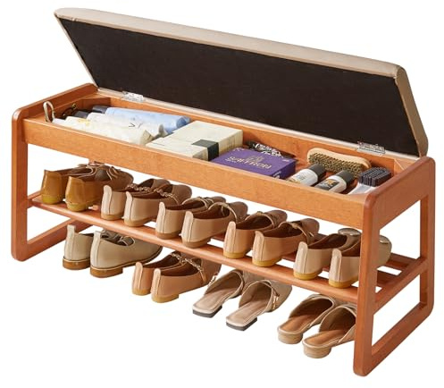 Aibiju Schuhbank mit Kissen, Aufbewahrungsbank mit gepolsterter Sitzfläche, 100 cm Schuhregal für Eingangsbereich, Wohnzimmer, Flur, Schlafzimmer, Kirschholzfarbe YD-WD062C
