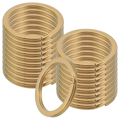 sourcing map 20pcs Split Keychain Rings, 32mm Round Flat Keyrings Stainless Steel Open Key Chain Ring Dog Tag Rings for DIY Keychain Craft Lanyard, 2.4mm Thick, Gold