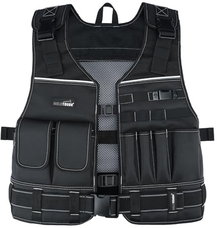 MELOTOUGH - Men's Tool Vest with Belt, Adjustable Multi-Pocket Vest with Reflective Strips for Electrician, Construction, Carpenter, HVAC (Black)