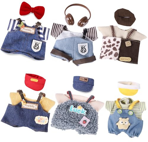 Clothes for 6.7in/17cm Doll, Set of 4 Cute Doll Accessories Includes Doll Hat+T-Shirt+Bib Pants+Shoes Set Premium Fashion Outfit for Collectors Unique Gift (6 Sets)