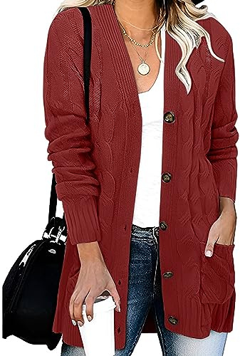 Cardigan Mujer Elegante Jersey Punto Mujer Largos Ligero Cómodo Chaqueta Punto Larga Abierto Manga Larga Chaqueta Cárdigan Invierno Suéteres con Bolsillos(Vino,3XL)
