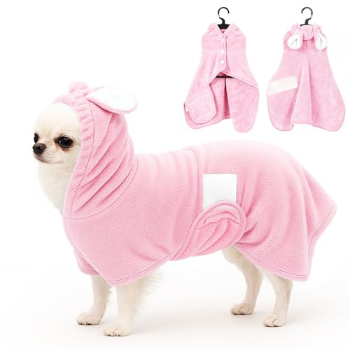 Fnaobai Pet Bathrobe Towel Dog Cat Drying Coat Super Absorbent Cute Dogs Bath Towel Hooded Robe Adjustable Collar & Belly Strap for XSmall to XLarge Pets (Pink, X-Small)