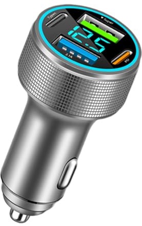 Caricatore USB per auto, 4 porte, ricarica rapida, adattatore di tipo C per un'alimentazione efficiente, display digitale a LED, accessorio per auto con rilevamento corrente intelligente, presa USB