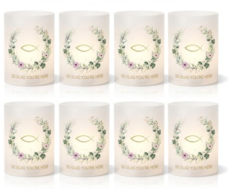 CATZUM 8 Portavelas Decoración de Mesa para Primera Comunión, Confirmación, Bautizo, Detalles para Fiesta, para Velas o Velas LED, Decoración de Bautizo para Niños y Niñas (Eucalipto Verde)