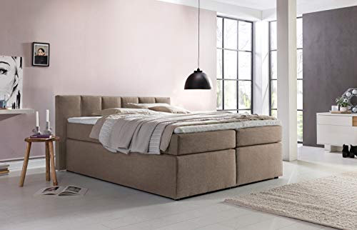 Furniture for Friends Doluna Valina Boxspringbett 180x200 cm H3 in Beige/Grau niedriges Kopfteil 90 cm Ideal für Dachschrägen inkl. Visco Topper + 7 Zonen Taschenfederkern-Matratze