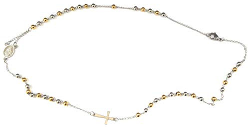 Moda Mavilla Collana girocollo rosario in acciaio colore oro e acciaio perline 4MM misura 47 cm lavorata a mano Made in Italy