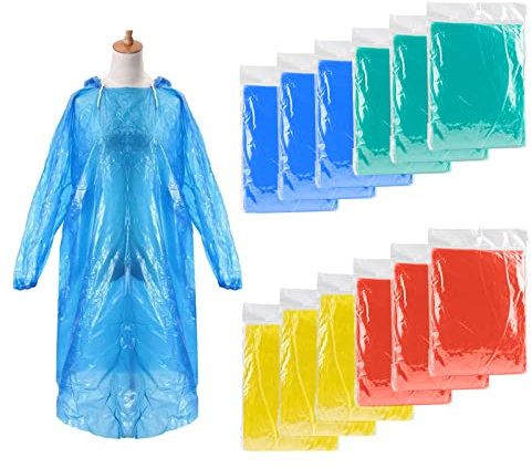 Mture Poncho Antipioggia Monouso, 12 pezzi Poncho Impermeabile d'Emergenza Impermeabile con Cappuccio e Maniche per Escursionismo,Camminata in Montagna,Campeggio,Ciclismo, Colori assortiti