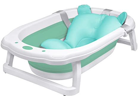 XMTECH Bañera plegable para bebé, 82 x 50 x 20 cm, plástico estable de polipropileno y elastómero termoplástico, ahorra espacio, con orificios de drenaje, con cojín para la bañera para bebés, verde