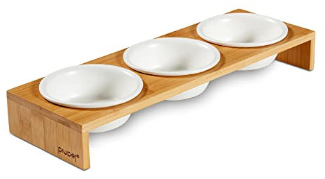 PIUPET 3er Katzennapf Set - Keramikfressnäpfe Katzen mit Napferhöhung aus Bambus - 250ml