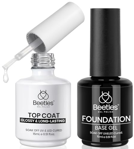 Beetles 2Pcs 15ml Gel Base and Top Coat Set - Upgrade No Wipe Extra Glossy Top Coat Finish for Gel Nail Polish, Soak Off UV/LED Lamp Needed, Essentials for Long-Lasting Manicure Kit