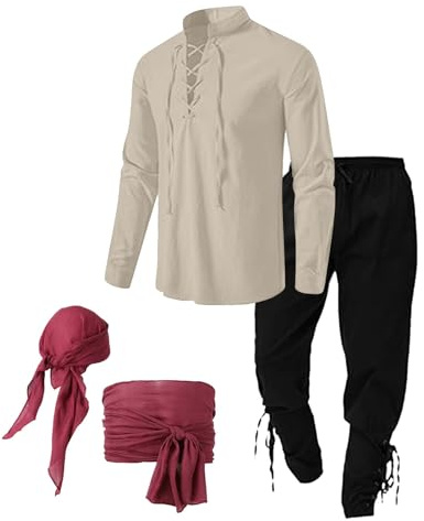 Generisch Set de ropa medieval para hombre, disfraz de vikingo, disfraz de la era renacentista con camisa de lino para hombre, pantalón medieval, camisa pirata medieval, pantalón medieval con correas
