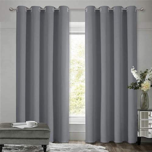 VEHEDE Gardinen mit Ösen 160 cm Lang, Thermovorhang Kälteschutz Vorhang Wohnzimmer, Verdunklungsvorhänge Blickdicht Dicke Thermogardine Kälteschutz Warm Hitzeschutz, H 160 x B 140 cm, Grau, 2er Set