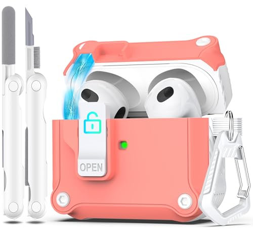 R-fun - Funda para AirPods de 3.ª generación 2021, protección Total contra caídas, Tapa emergente automática para Apple Airpod 3 Gen con Kit de Limpieza y Llavero,Blanco/Rosa Melocotón