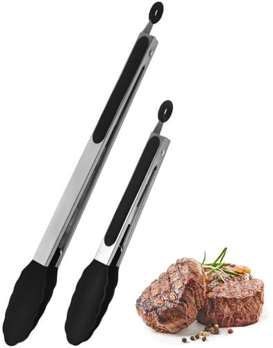 DBAILY 40 cm + 28 cm, set di 2 pinze da cucina in acciaio inox, con blocco, pinza da cucina con punta in silicone, per carne, spaghetti, pinze per salsicce, utensili da cucina in metallo