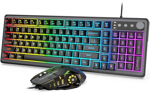 Gaming Keyboard and Mouse Combo - RGB Backlit 14 Lighting Effects, USB Wired Computer Keyboard, 26-Key Anti-Ghosting, Volume Wheel, Quiet Typing, Adjustable DPI Mouse for Gaming & Work, Trueque