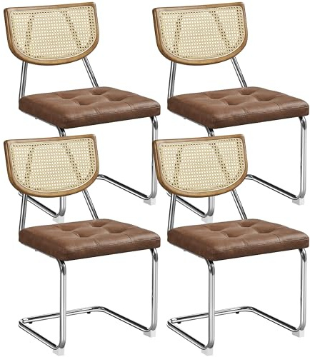 Yaheetech Küchenstuhl 4er Set Esszimmerstühle Rückenlehne aus Rattan Schwingstuhl aus Kunstleder Polsterstuhl fürs Esszimmer/Küche/Wohnzimmer/Restaurant Retro-Braun