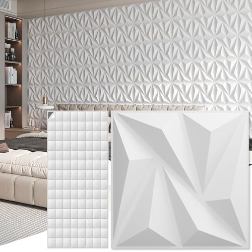 Art3d Lot de 50 Panneaux muraux 3D Décoration murale intérieure avec ruban adhésif PVC Diamant pour salon Hall d’entrée Chambre Hôtel Bureau 30 x 30 cm,Blanc