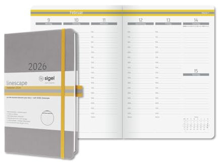 SIGEL L2604 Wochenkalender 2026 A5, vertikale Wochenansicht, Hardcover, hellgrau, gelb, deutsch-sprachiges Kalendarium, 176 Seiten, FSC-zertifiziert, Kalenderbuch Terminplaner Linescape