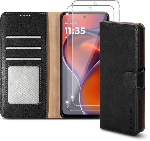 PIXFAB Case for Motorola Moto G17 / G15, Leather Wallet Phone Case [with Screen Protector], Magnetic Book Flip Folio Cover [RFID Protection & 3 Card Slots] [Kickstand] for Moto G17 / G15 - Black