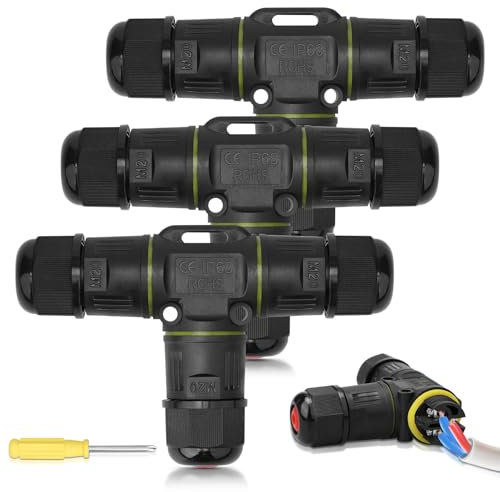 3 Pieces Junction Box, Waterproof T-shaped Cable Connector, 3 Way Outdoor Cable Protector for Diameter 3-12 mm Cable, with a Screwdriver