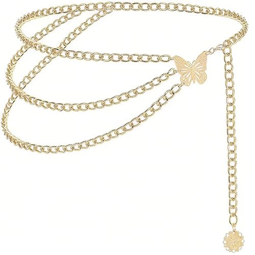 Gekamoyue Chain Belt Gold, Women Hollow Out Metal Chain Belt, Dress Accessories, Adjustable Boho Waist Chain Belt for Dress, Jeans and Daily Outfits (Gold-Butterfly)