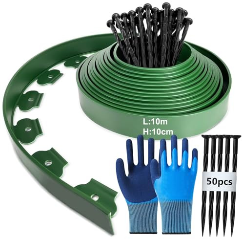 Flexibel gräskant av plast, 10 m (L) x 10 cm (H) rabattgräns, rabattkant, klippkant – kantband för gräsmatta med 50 markankare + 1 par handskar (grön)