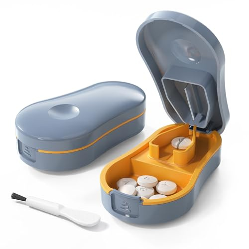 ZHIYES Pill Cutter Splitter for Small and Tiny Pills - 1/2 Accurately Cuts -Easy Open Snap Button.Wrap-Around Blade Guard Prevents Cuts. Detachable V-Shaped Pad. Back Storage(Blue)