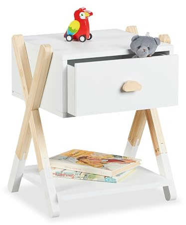 Relaxdays Nachttisch Kinder, Schublade, HBT 42x34x32 cm, Kinderzimmer, Kinderkommode X-Design, Holz & MDF, weiß/Natur