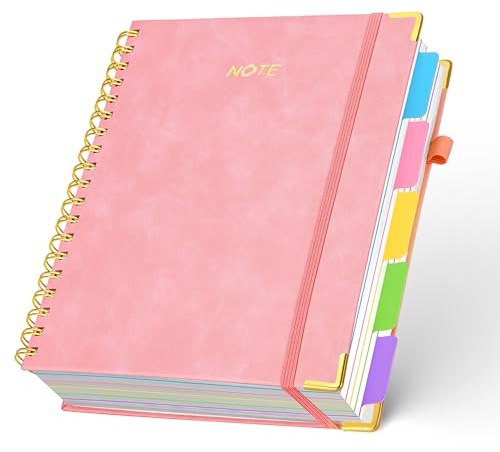 FREBLASO 5 Subject Notebook with Removable Dividers Tabs, 300 Pages Leather Hardcover Spiral Notebook College Ruled, 8x10 Large B5 Notebooks for Work School, Lined Journal for Women, Pink