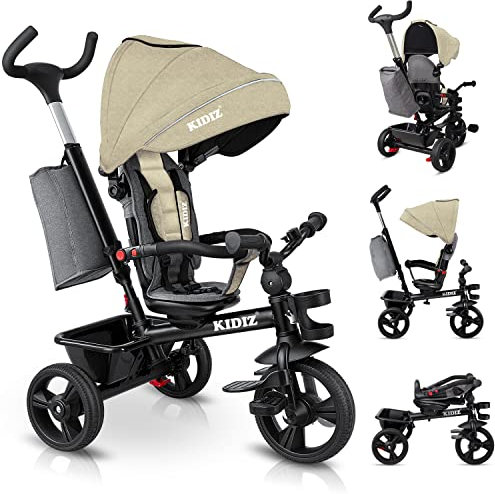 KIDIZ® Dreirad 5in1 Kinderdreirad mit Schubstange Lenksystem Stange ab 1 Jahr, Jogger vorwärts und Rückwärtsfahrt,Korb Tasche Getränkehalter Sonnendach Gummiräder Buggy Fahrrad Baby Klappbar, Beige
