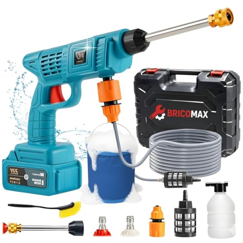 Bricomax® Hidrolimpiadora Batería PREMIUM para Limpieza ALTA PRESIÓN sin Cables 24V y Cepillo Incluido- Pistola de Agua a Presión con 2 Baterías - Hidrolavadora Portátil para Coche, Jardín, Exteriores