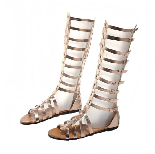 FQLGJMY Mujeres rodilla alta romana cortado gladiador sandalias verano casual correa de tobillo abierto dedo del pie traspirable cremallera espalda tacón bajo sandalias