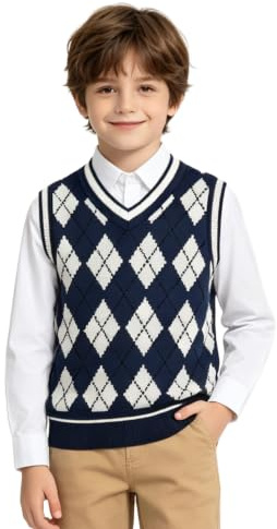 LOLANTA Boys Girls Knitted Vest V-Neck School Jumper Sleeveless Knitwear Sweater Pullover for Kids 5-11 Years