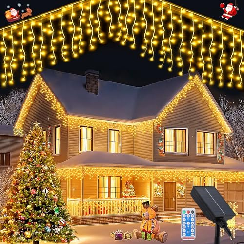 Solares Guirnaldas Luces Carámbano Exteriores, 5 M 256 LEDS Guirnalda de Luces Colgantes con Control Remoto de 8 Modos, Resistente al Agua para Techos, Jardines, Patios y Decoraciones Navideñas