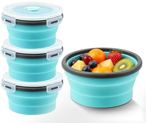 BORDEAG 4 cuencos plegables con tapa, 350 ml, cuenco plegable para camping, fiambrera plegable de polipropileno y silicona de grado alimenticio, ahorra espacio, portátil, para camping, exterior