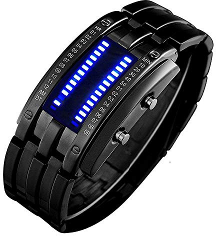 MASTOP Mens Creative Binary Digital Watches Unique Matrix LED Watch Futuristic Cool Stainless Steel Wrist Watch (Gold)