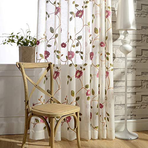 VOGOL Sheer Curtains 84 Inches Long for Living Room, Flower and Vine Embroidered Sheer Window Drapes for Kitchen, Rod Pocket Light Filtering Window Treatment, W52 x L84, 2 Panels
