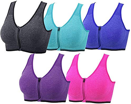 DODOING Zip Front Sports Bra Post Surgery Bra Yoga Bra Workout Fitness Activewear Racerback Padded Bras for Women（5PCS）