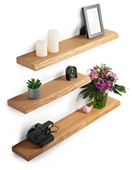 Rikmani Wandregal Holz Eiche massiv hell - Handgefertigtes Regal mit Baumkante Bücherregal Holzregal Wandboard Leo (hell) 60 cm