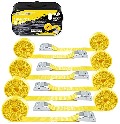 AWELCRAFT Cinghia di ancoraggio con fibbia a camma, 8 pezzi, 2,5 cm x 3,5 m, fino a 272 kg, colore giallo, con borsa per il trasporto