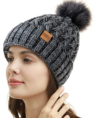 REDESS Femmes Hiver Pompon Bonnet Chapeau Polaire Doublé Chaud Chapeaux, Épais Slouchy Neige Tricot Bonnet Croisé pour Dames