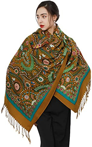 DANA XU Couverture pashmina extra large 100% laine mérinos écharpe de voyage en cachemire pour femme automne hiver châle surdimensionné floral, 100 Vert, 96 * 43 INCHES