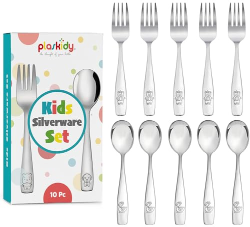 PLASKIDY Kids Silverware Stainless Steel Set of 10 Toddler Utensils Forks and Spoons - Dishwasher Safe Kids Flatware Set Children's Safe Cutlery Set