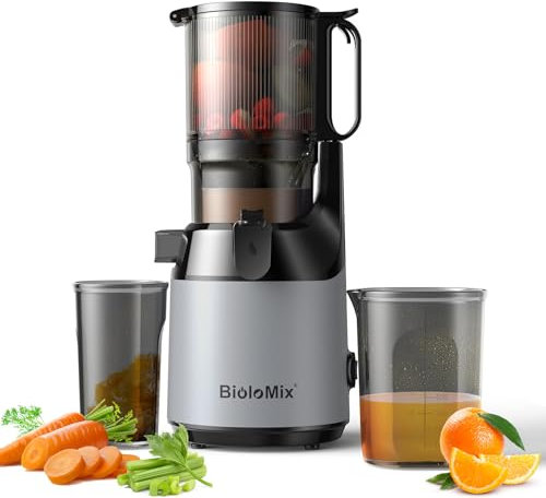 BioloMix Kaltpress Entsafter Profi Langsam Entsafter mit Extra Großem 13cm Einfüllschacht für Ganze Früchte Gemüse 3-fach Filter System, Leicht zu Reinigen, BPA-Frei, 250W DC Motor
