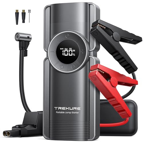 TREKURE Avviatore Emergenza per Auto con Compressore 150PSI, 5000A Starter Batteria Auto 12V per 9.0L Benzina e 8.0L Diesel Motori, Booster Avviamento Auto con Torcia, Ricarica USB