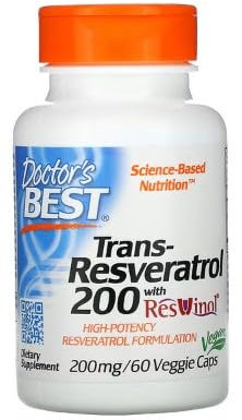 Doctor's Best Trans-Resveratrol avec ResVinol-25, 200mg - 60 gélules végétales - Antioxydant puissant pour la santé cardiovasculaire et la longévité