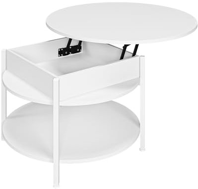 Couchtisch Rund mit Hebeplatte, Couchtisch Höhenverstellbarer, Beistelltisch, Wohnzimmertisch mit Verstecktem Stauraum, Offenem Fach, Metallrahmen, für Wohnzimmer, Büro, 70 x 70 x 50 cm, Weiß