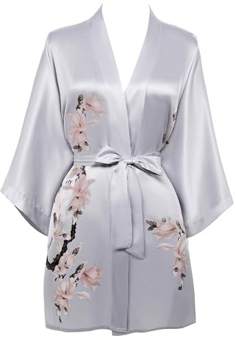 BABEYOND Vestaglia da donna con fiori stampati, estiva, kimono, in raso, corto, leggero, abito da notte, da spiaggia, grigio., Taglia unica