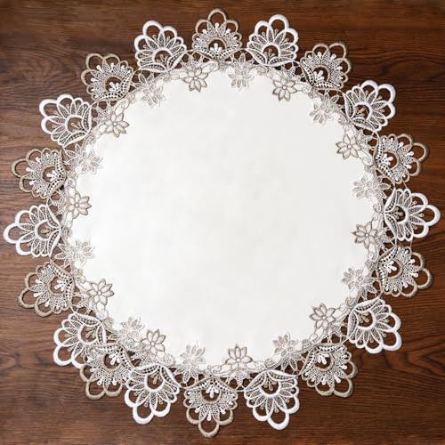URROMA Tapete redondo de jacquard de encaje de tonos tierra neutros, tapete individual de ganchillo, juego de té, tapete decorativo para decoración de mesa de tocador, mesa de comedor, 23.5 pulgadas