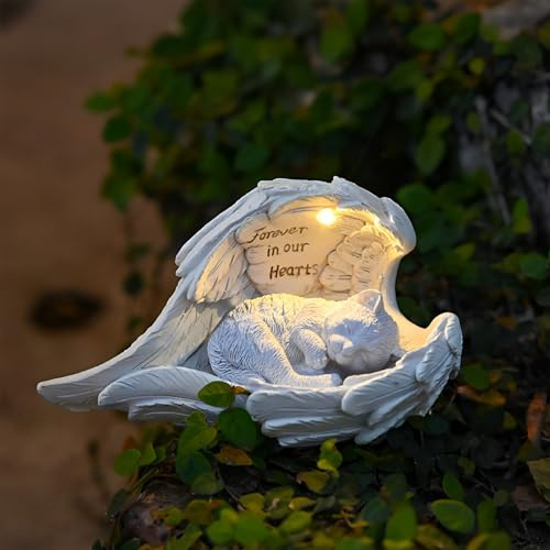 Tuzsocr Pietre commemorative a energia solare, per gatti, angeli, monumento con luce solare a LED, resistente alle intemperie, per cani, tomba, per animali domestici con ali d'angelo, per giardino